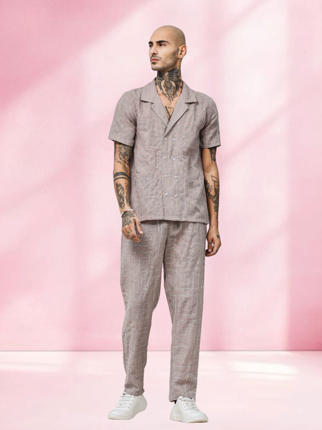 Beige Linen Notched Lapel Shirt & All Day Lounge Pants Embroidered Co-ord Set