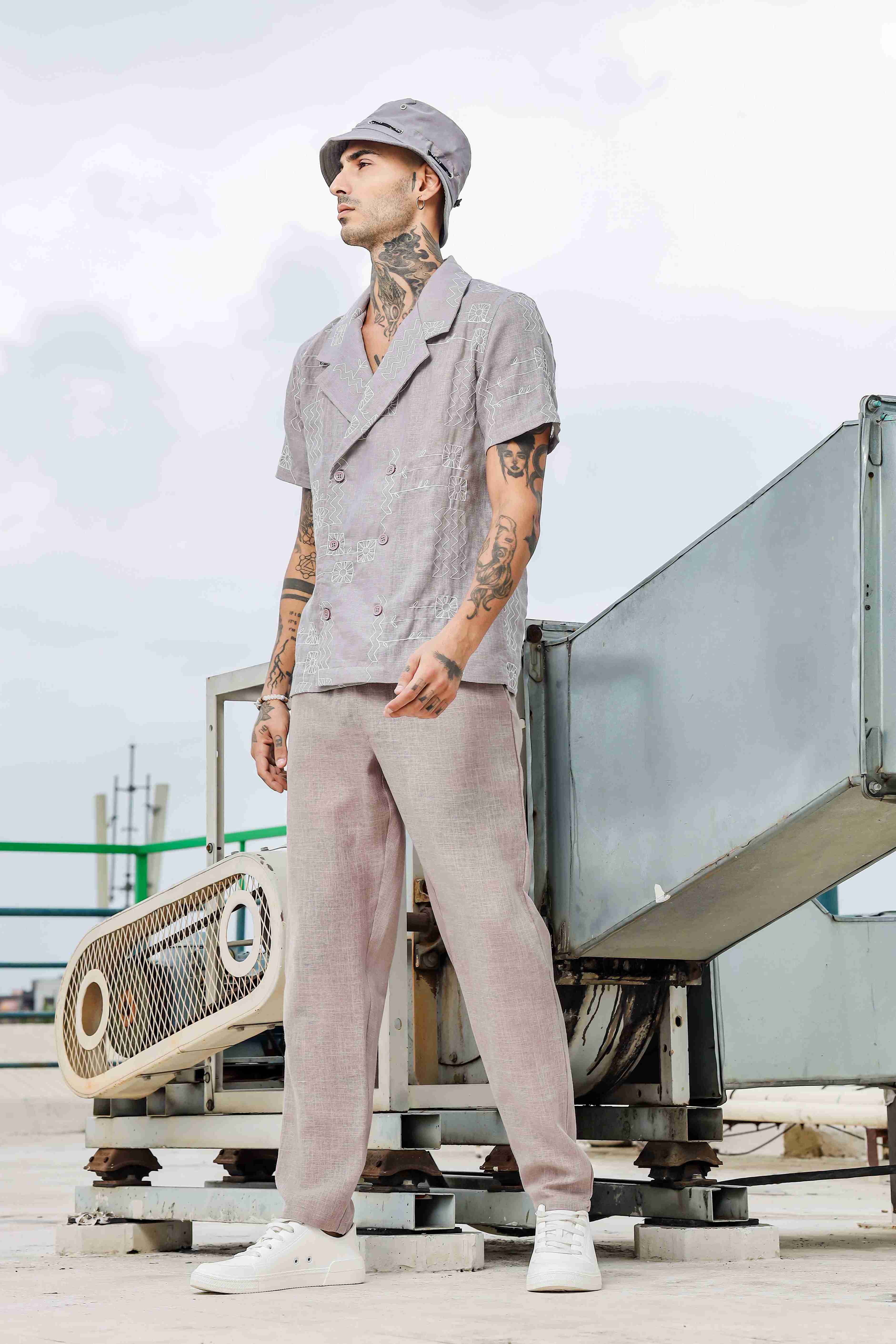 Beige Linen Embroidered Notched Lapel Korean Shirt & Solid Linen All Day Pants Co-ord Set