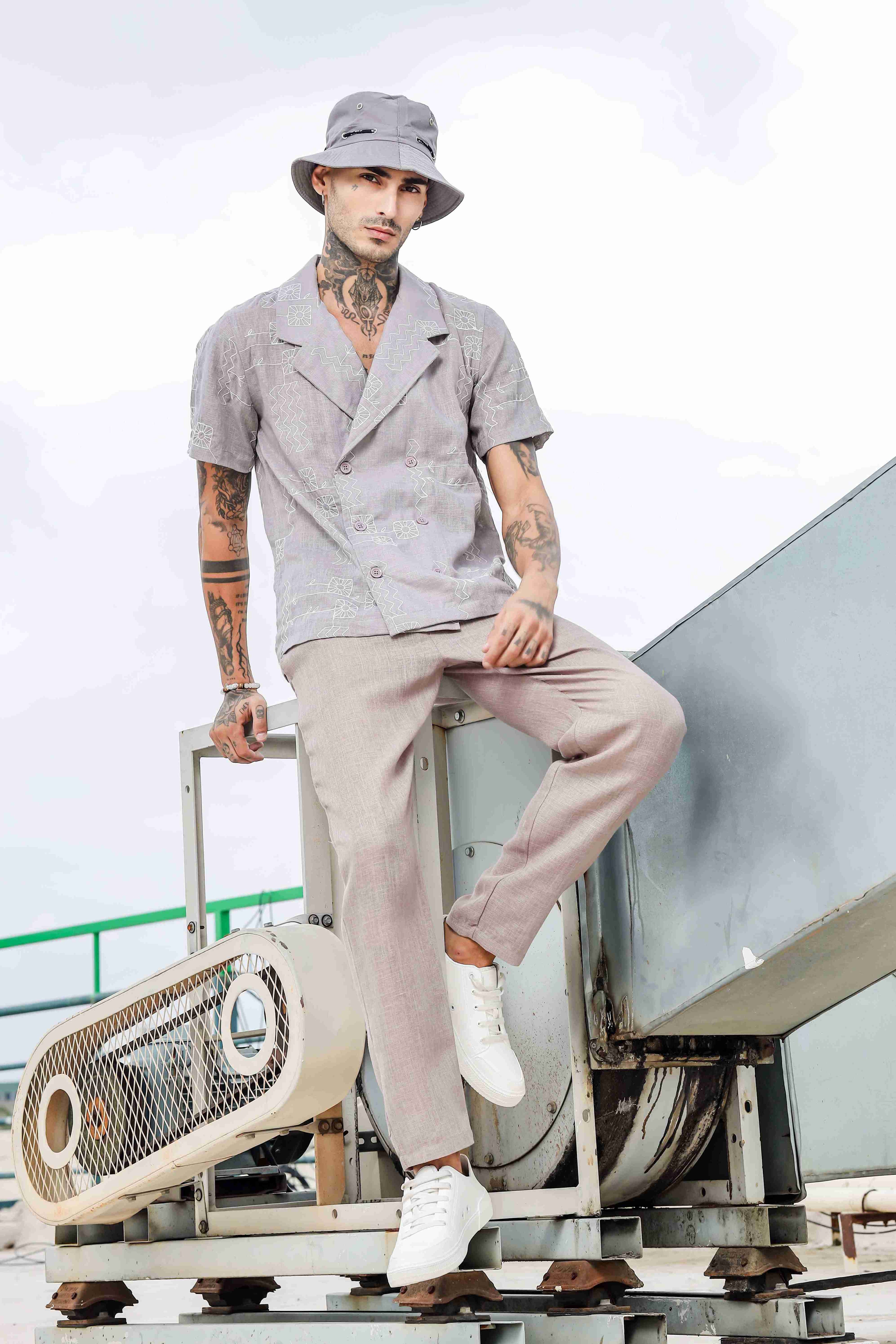 Beige Linen Embroidered Notched Lapel Korean Shirt & Solid Linen All Day Pants Co-ord Set