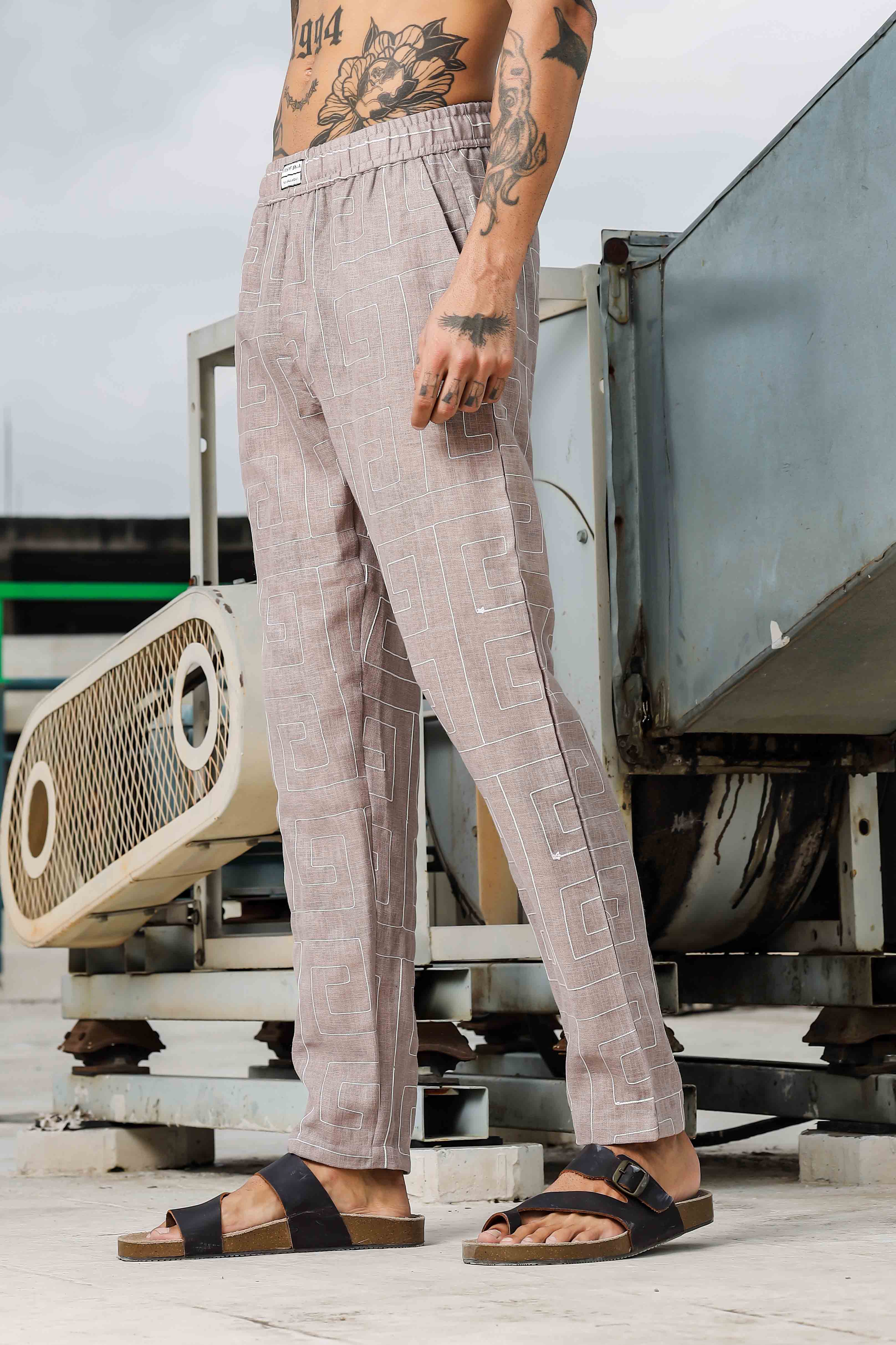 Beige Linen Blend Embroidered Relaxed Fit All Day Pants