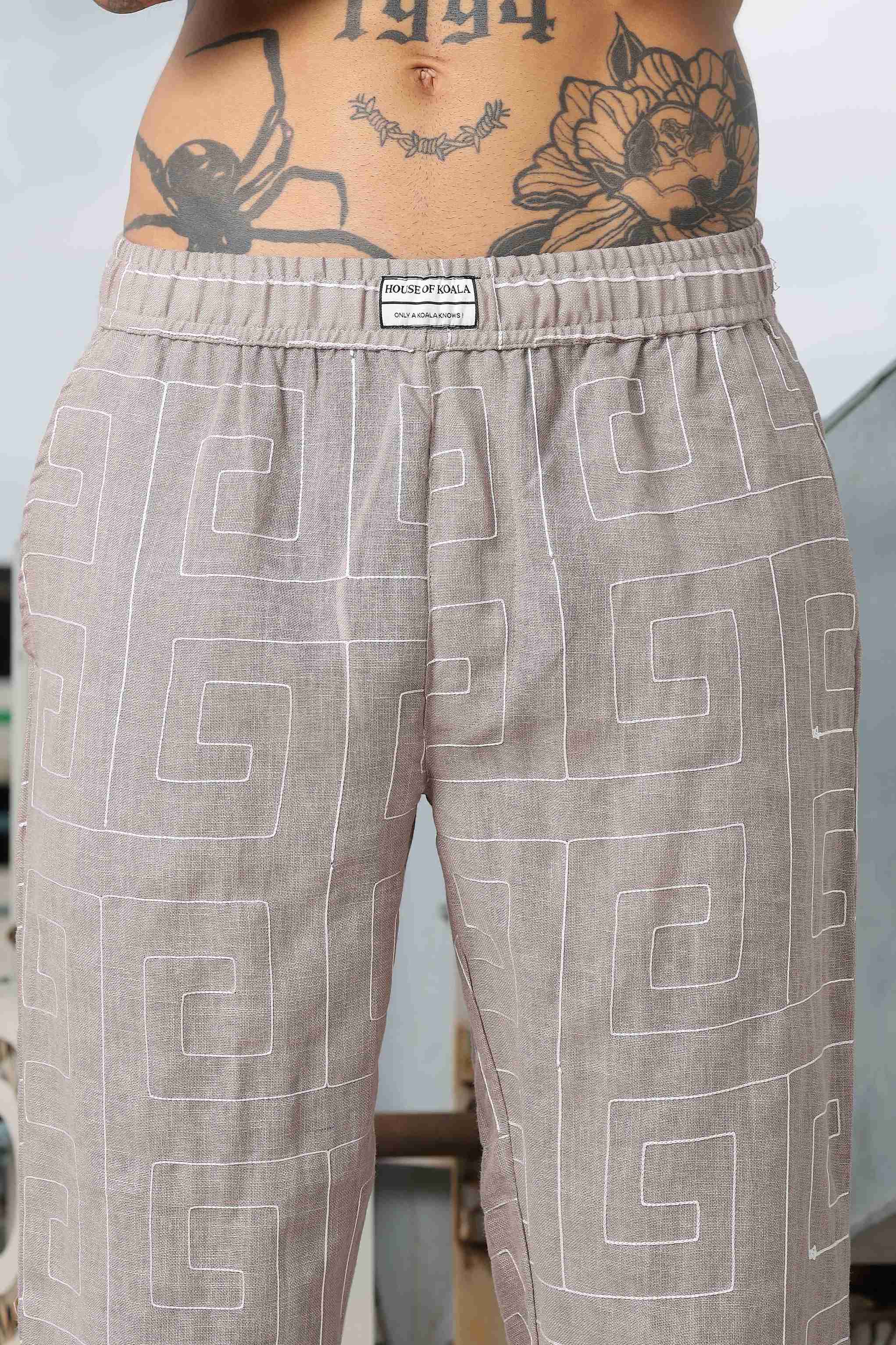 Beige Linen Blend Embroidered Relaxed Fit All Day Pants