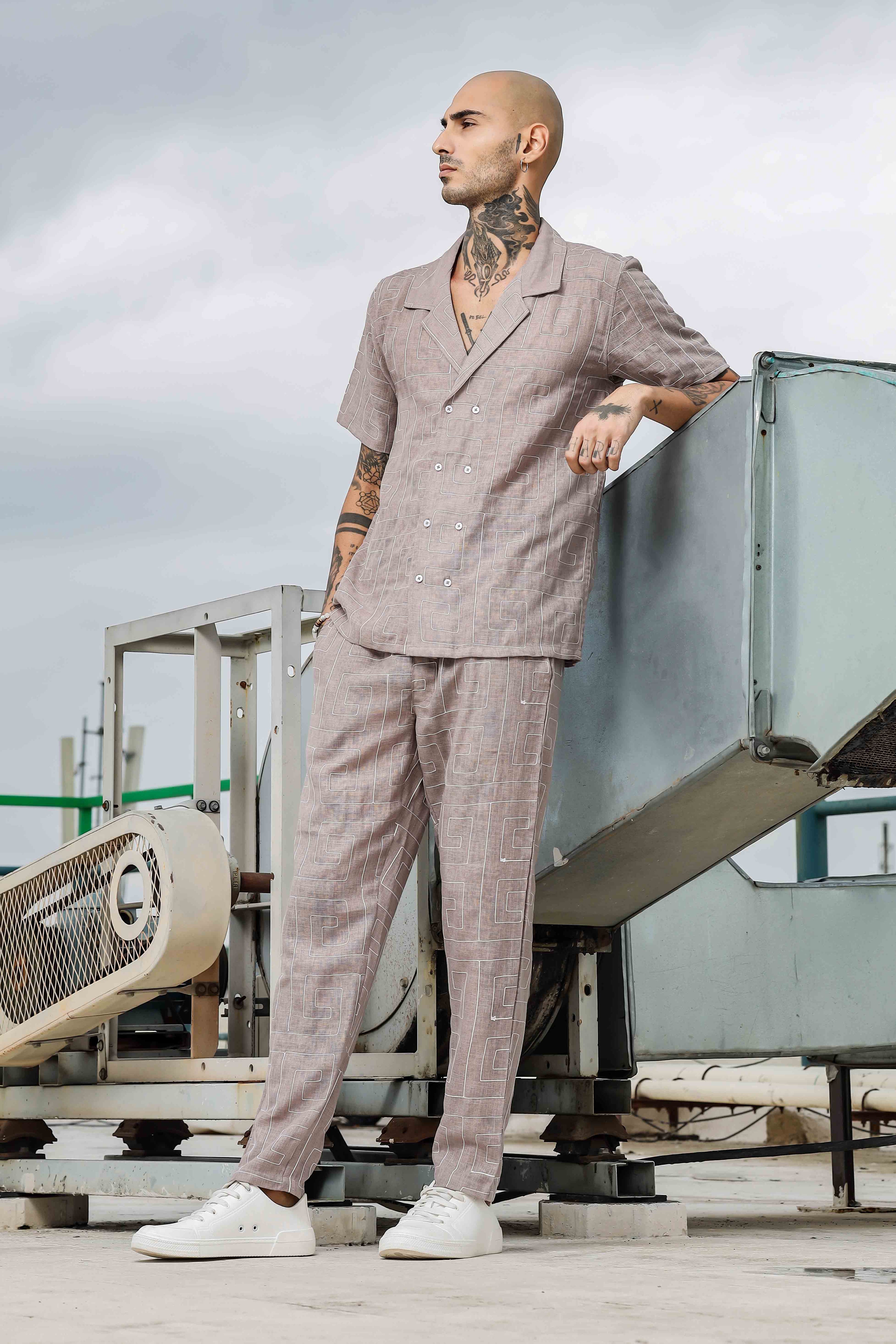 Beige Linen Blend Embroidered Relaxed Fit All Day Pants