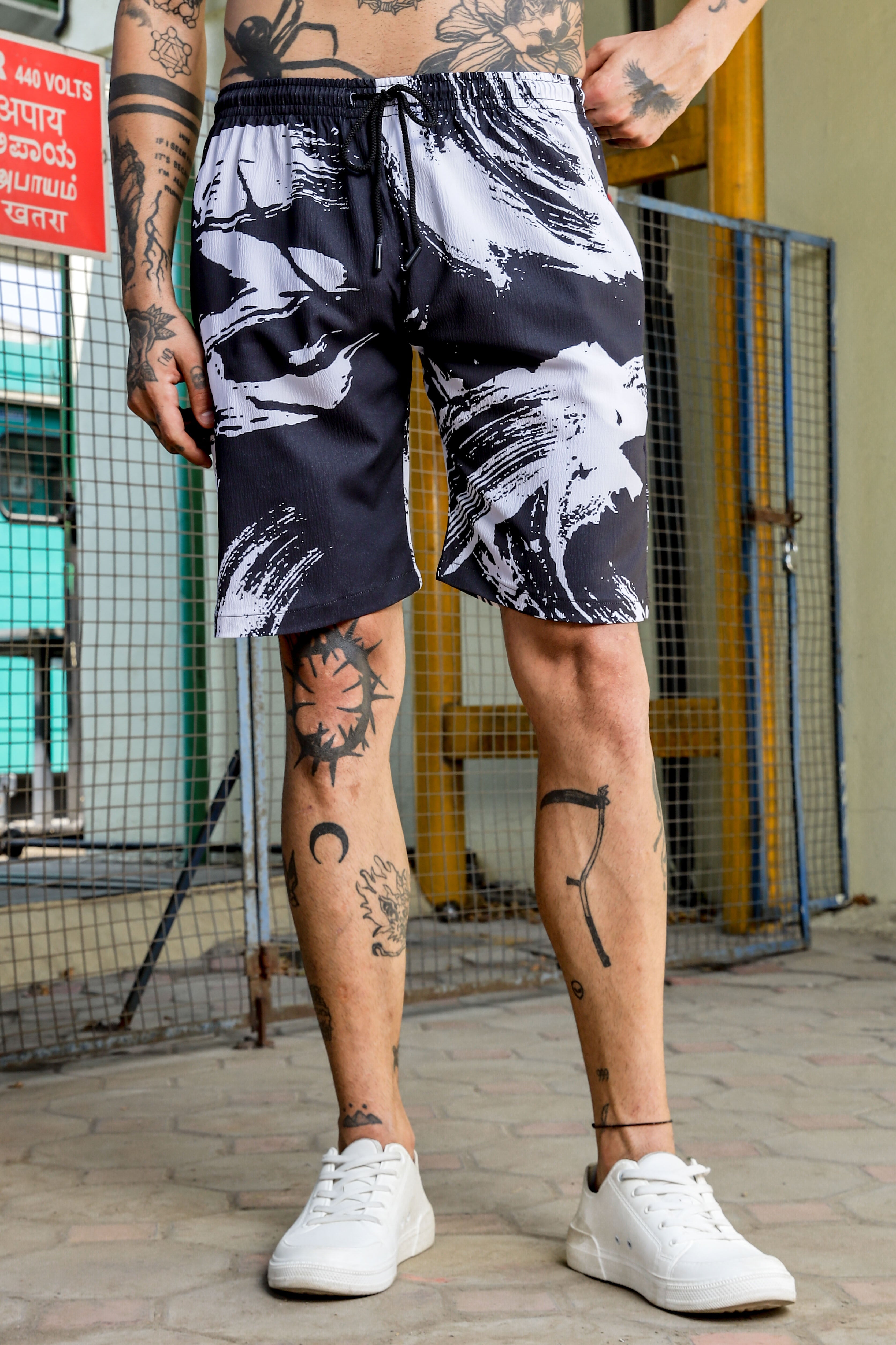 Black Abstract Print Textured Fabric Relaxed Fit Shorts