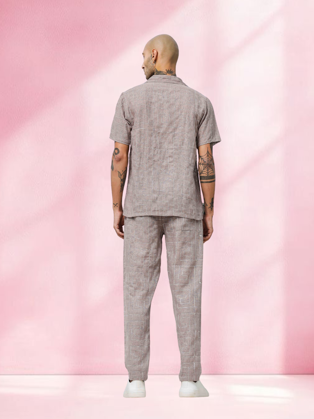 Beige Linen Notched Lapel Shirt & All Day Lounge Pants Embroidered Co-ord Set
