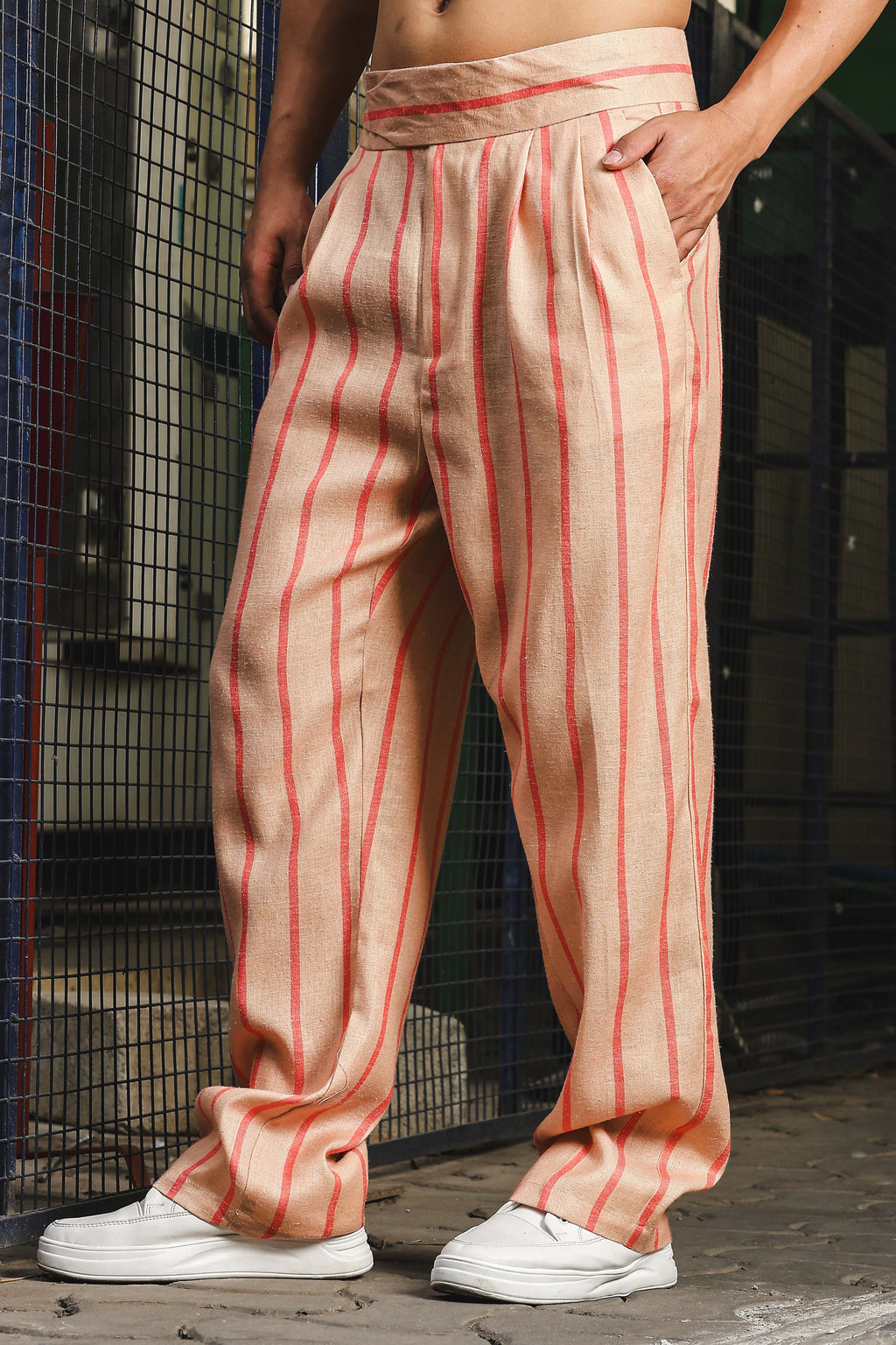 Beige & Orange Linen Blend Casual Relaxed Fit Short Sleeve Shirt & Gurkha Pants Co-Ord Set