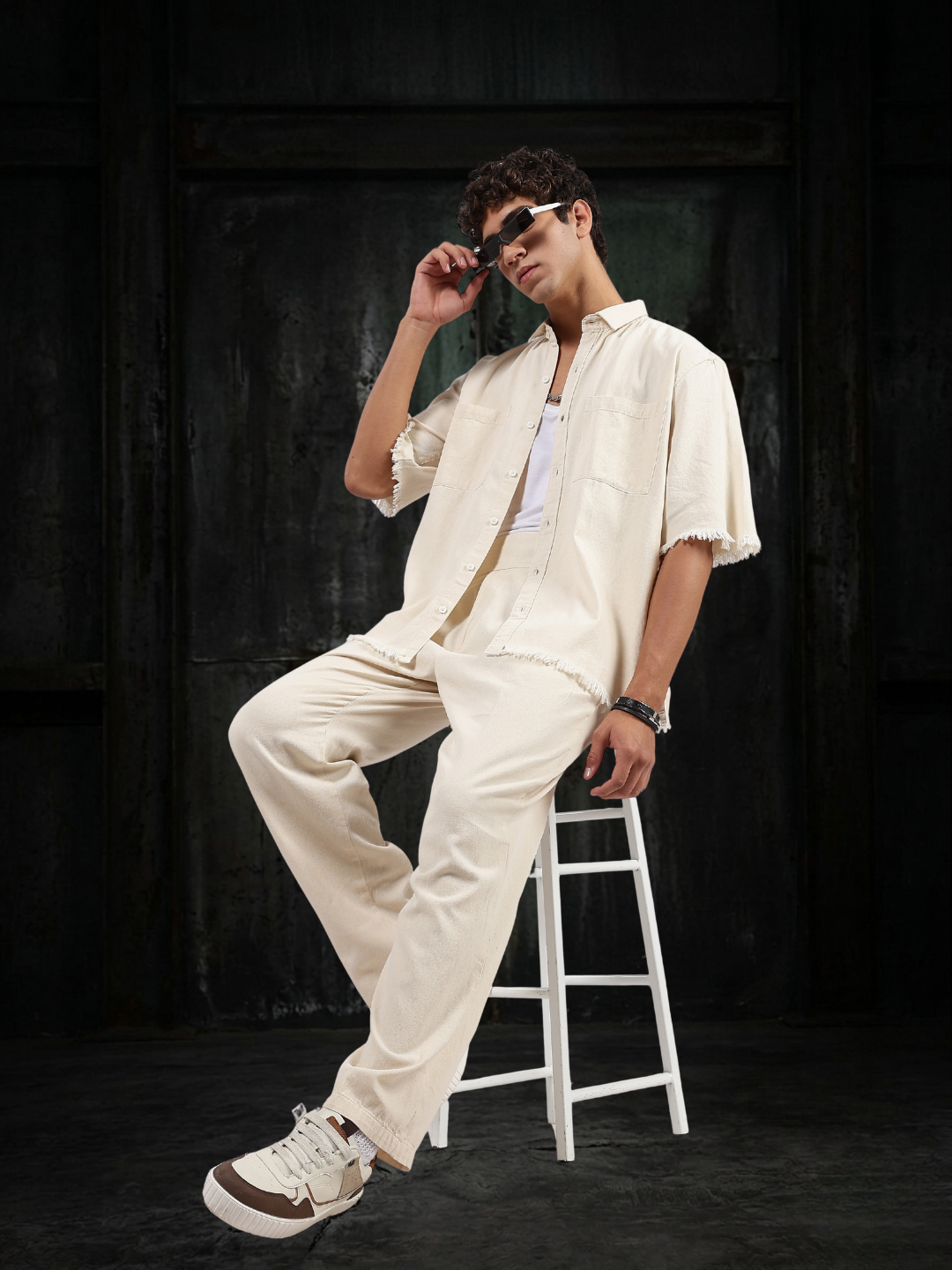 Co-Ord Set Off-White Premium Denim Gurkha Pant & Half Sleeve Shirt Relaxed Fit