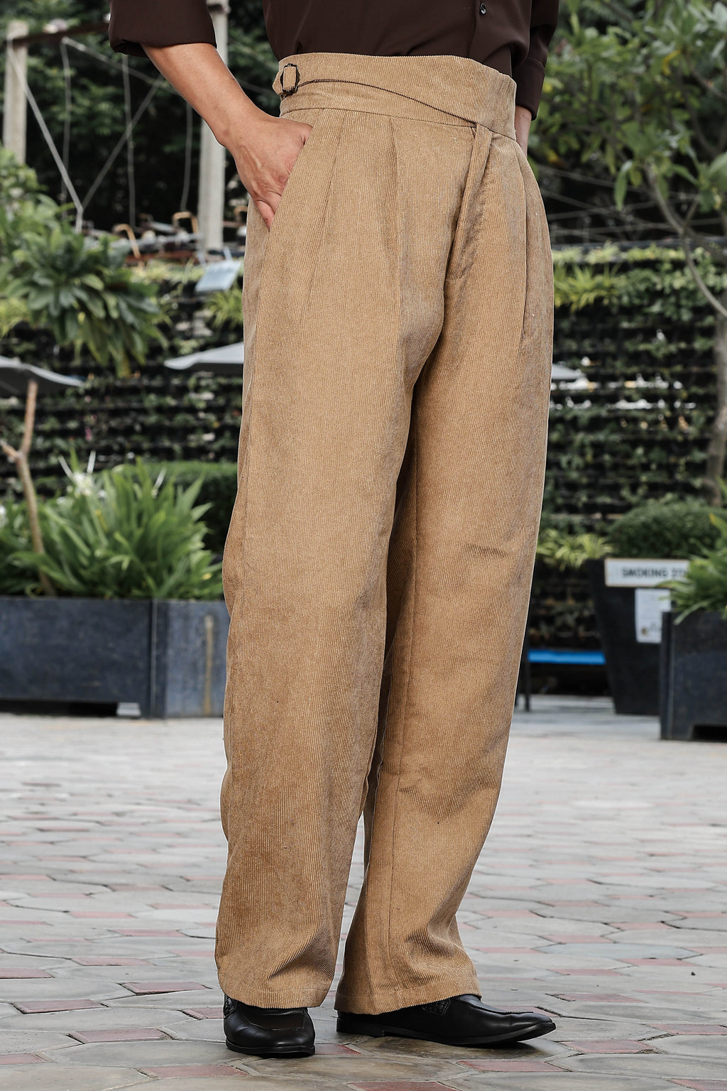 Beige Corduroy Gurkha Trousers with Double Pleated Front