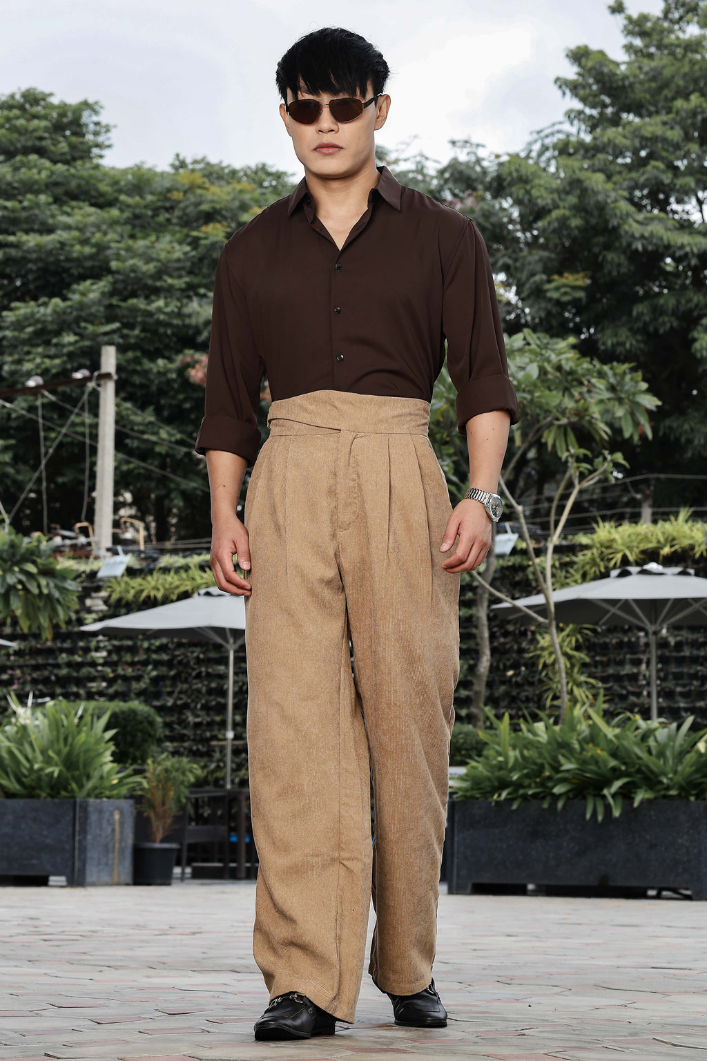Beige Corduroy Gurkha Trousers with Double Pleated Front