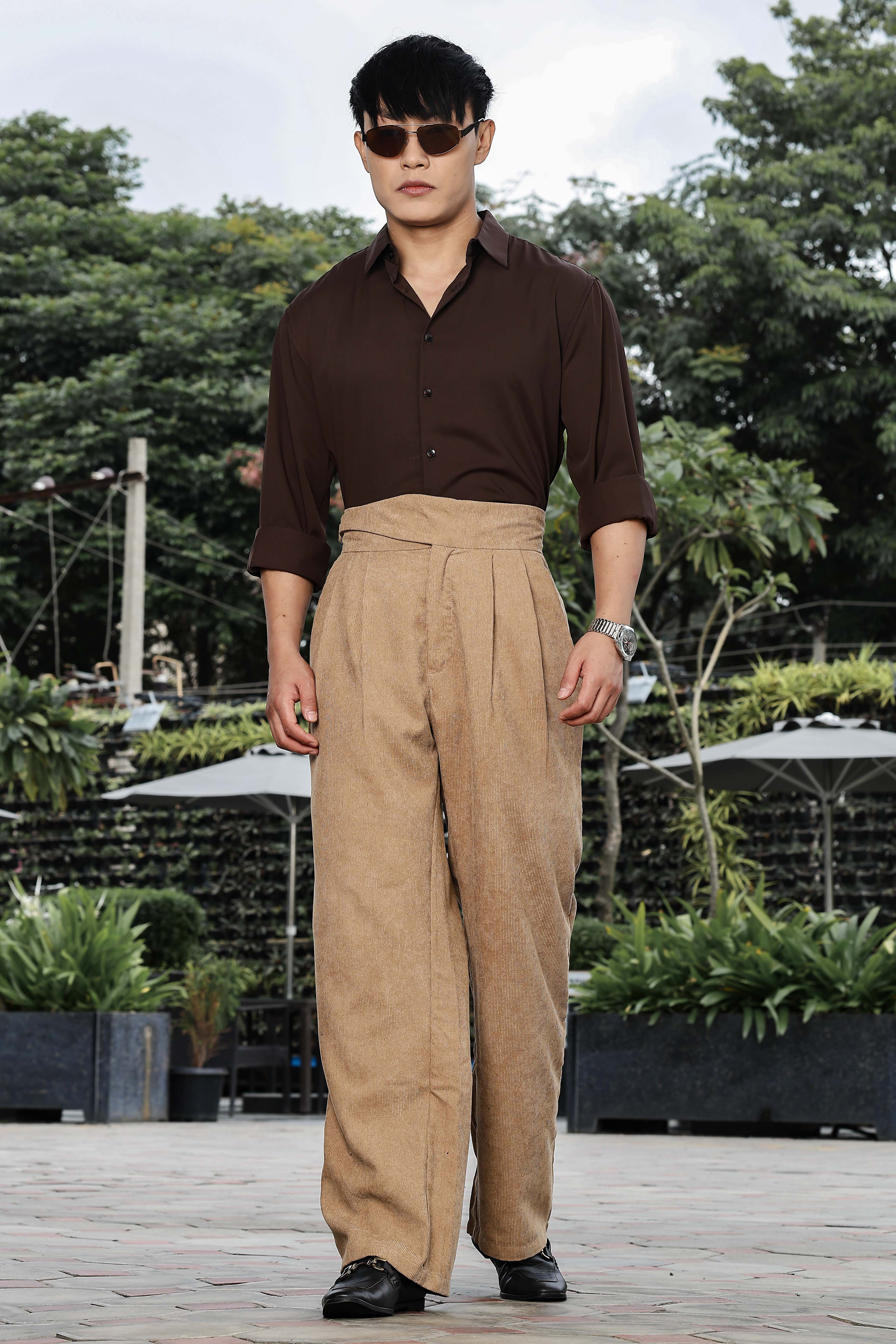 Beige Corduroy Gurkha Trousers with Double Pleated Front
