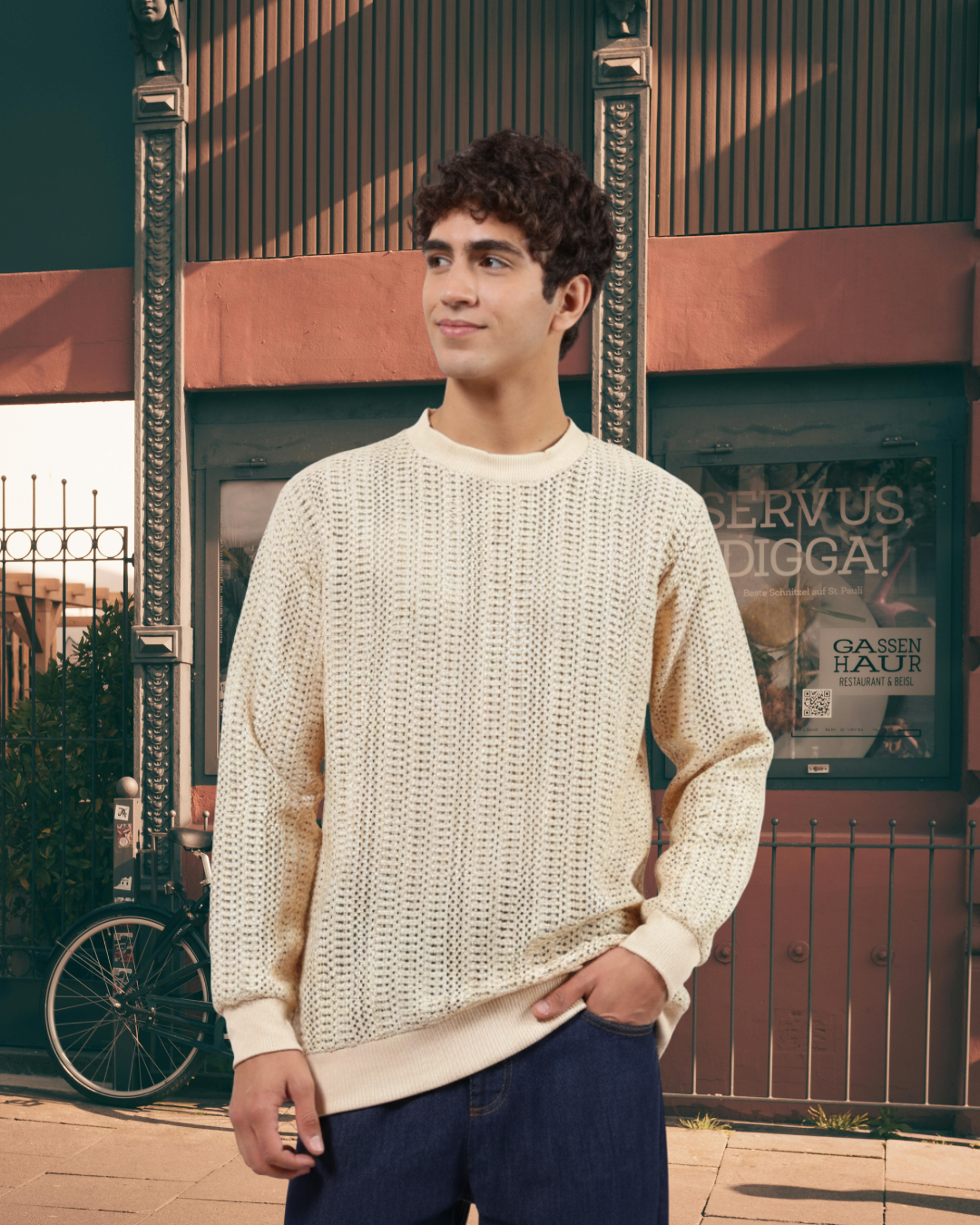 Beige Oversized Fit Premium Pure Cotton Crochet T-Shirt