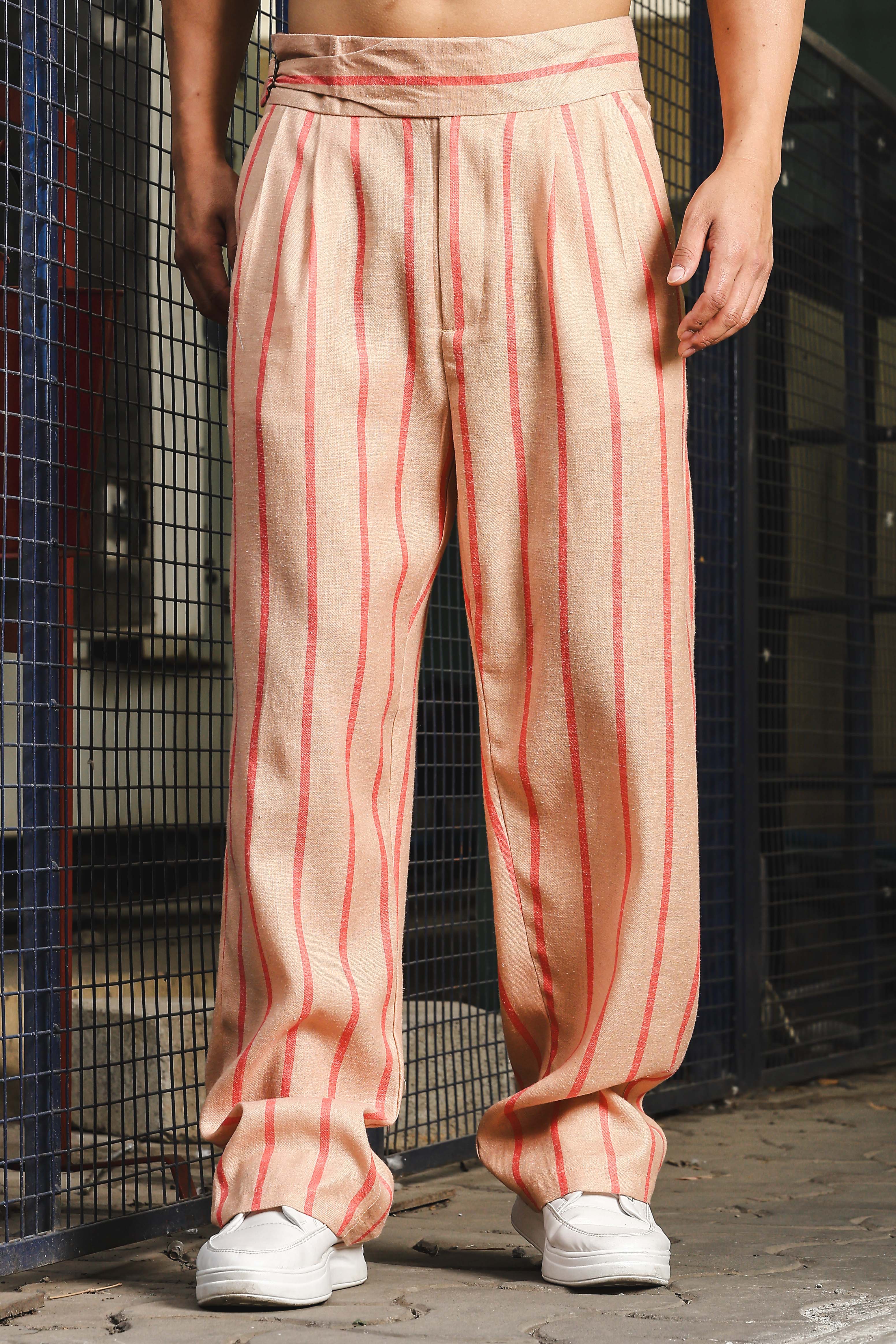 Beige & Orange Linen Blend Casual Relaxed Fit Short Sleeve Shirt & Gurkha Pants Co-Ord Set