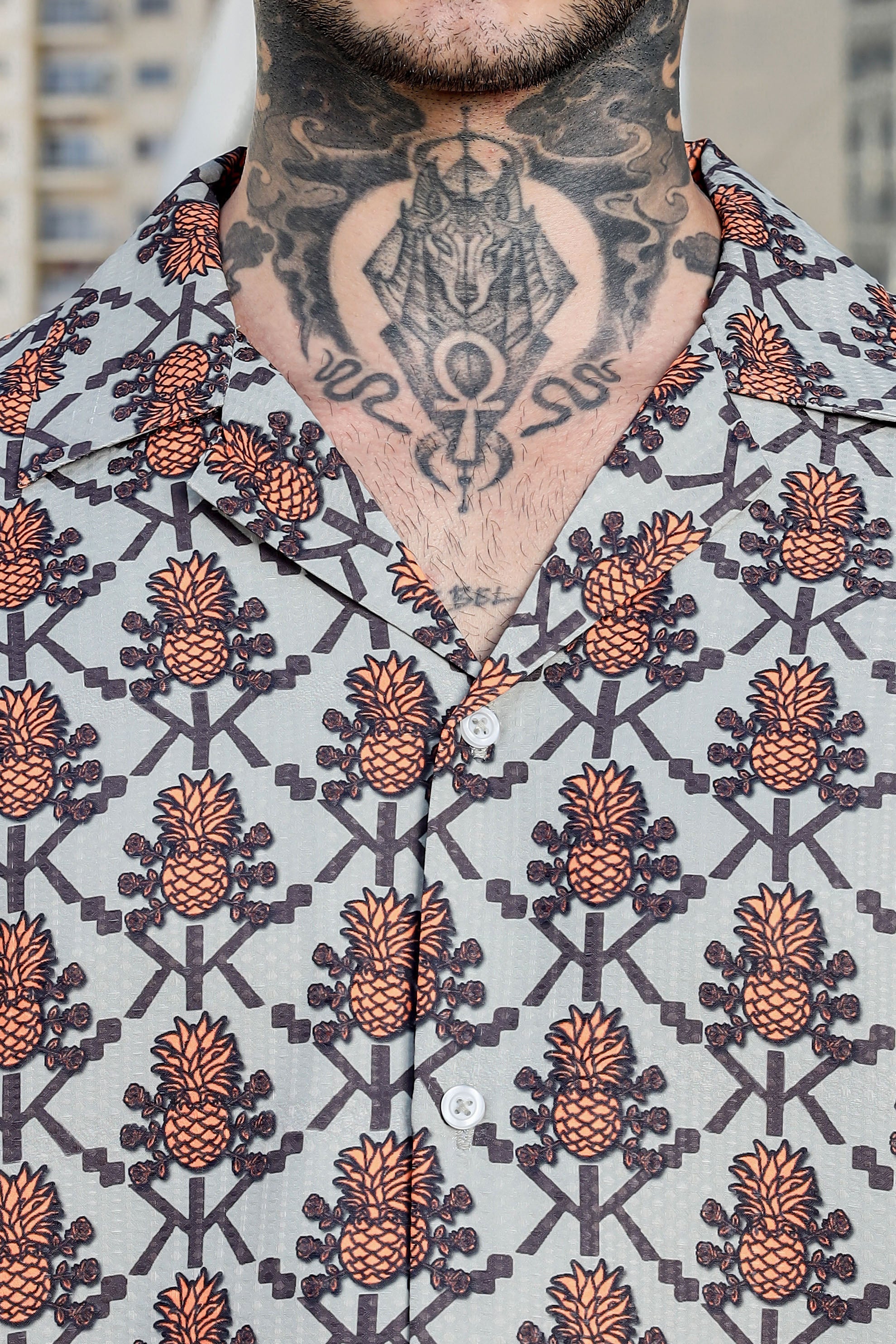 Beige Textured Printed Relaxed Fit Cuban Collar Resort Shirt