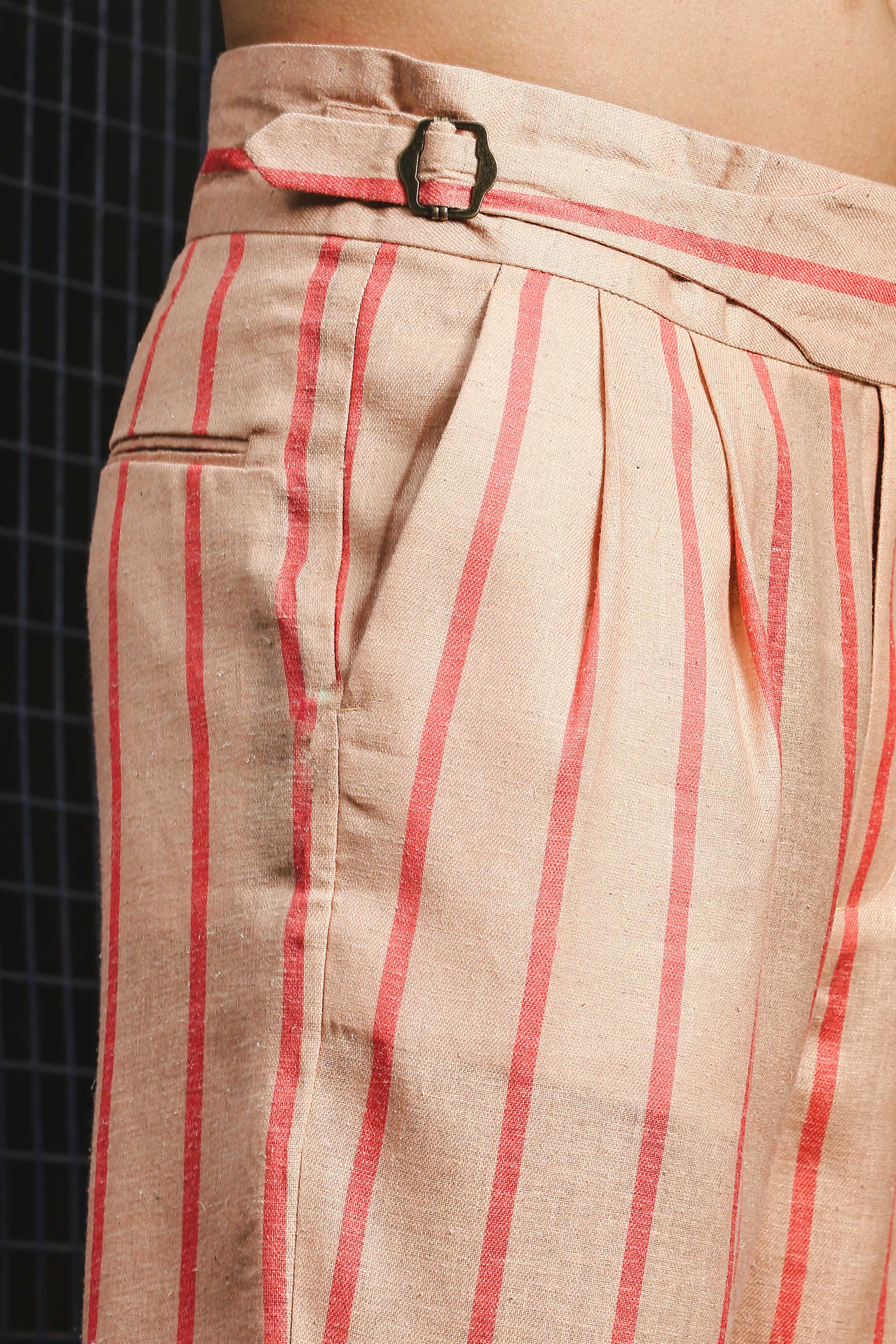 Beige-Orange Striped Linen Blend Double Pleated Gurkha Trousers