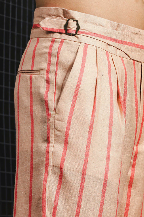 Beige & Orange Linen Blend Casual Relaxed Fit Short Sleeve Shirt & Gurkha Pants Co-Ord Set