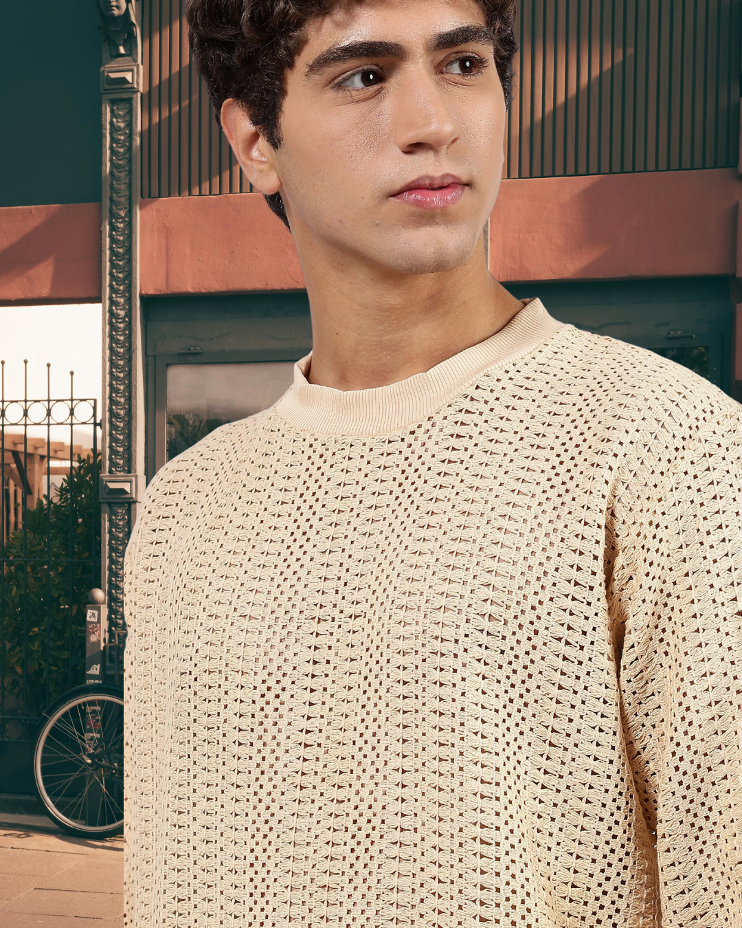 Beige Oversized Fit Premium Pure Cotton Crochet T-Shirt
