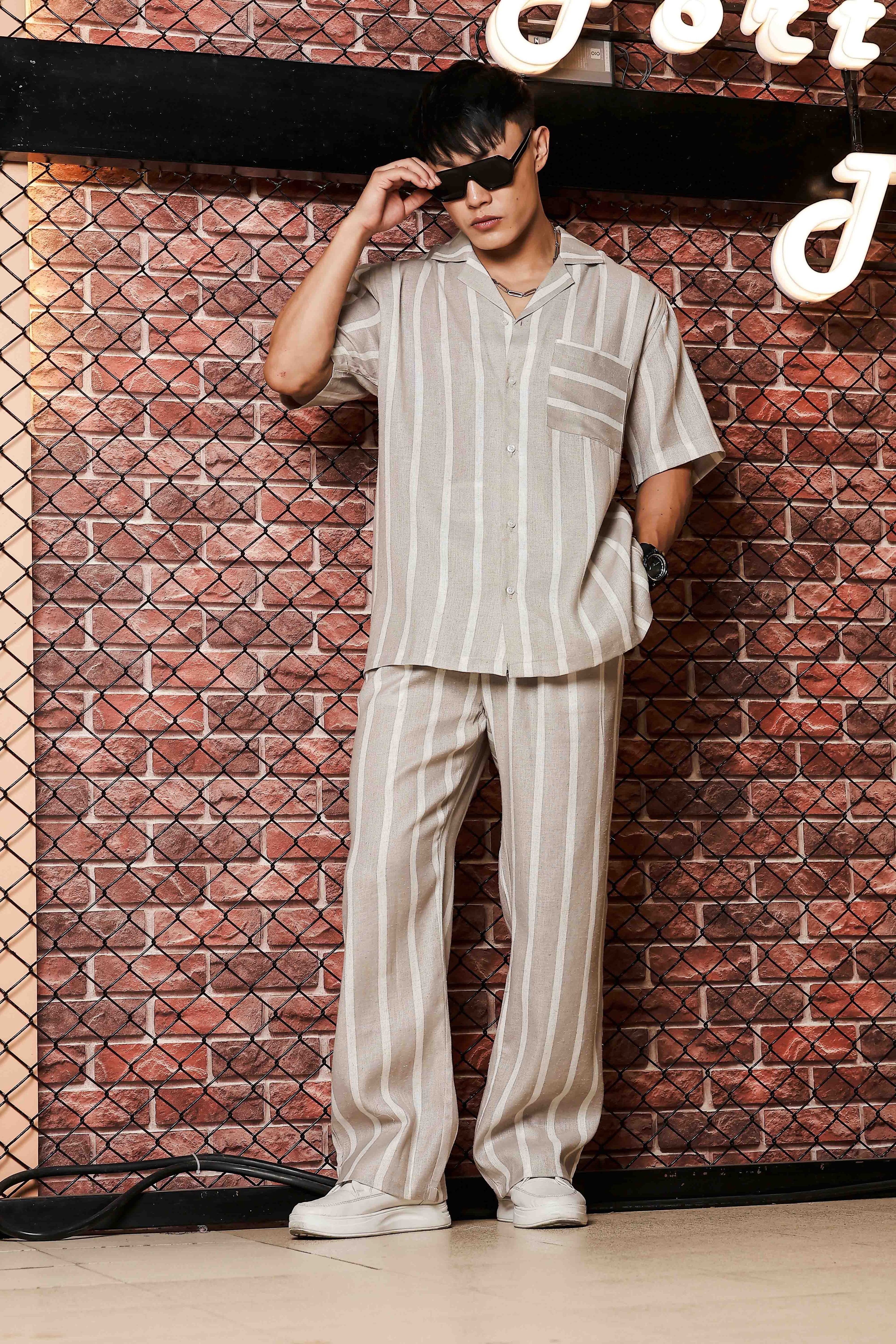 Beige & White Striped Linen Blend Gurkha Trousers with Double Pleated Front