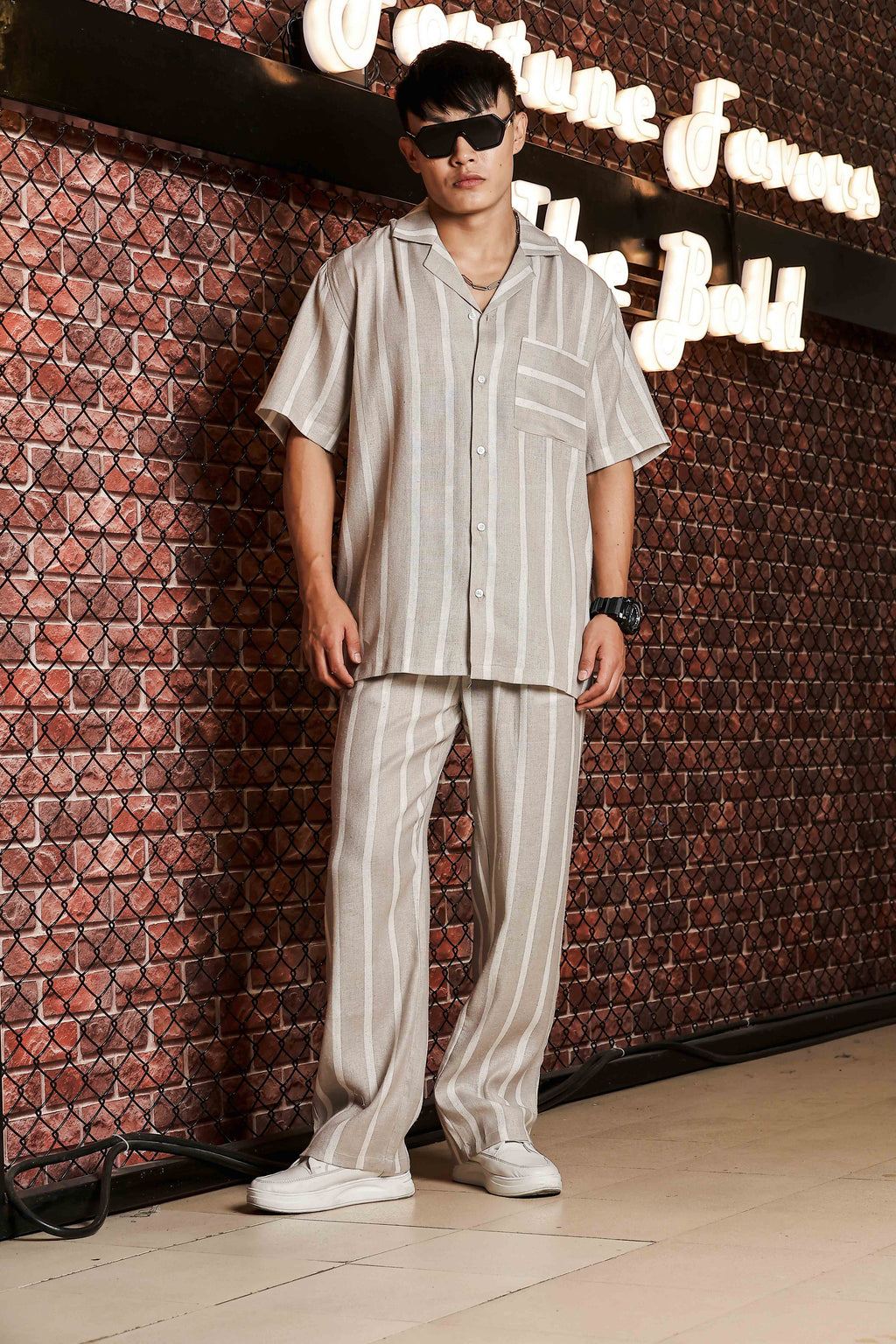Beige & White Striped Linen Blend Gurkha Trousers with Double Pleated Front