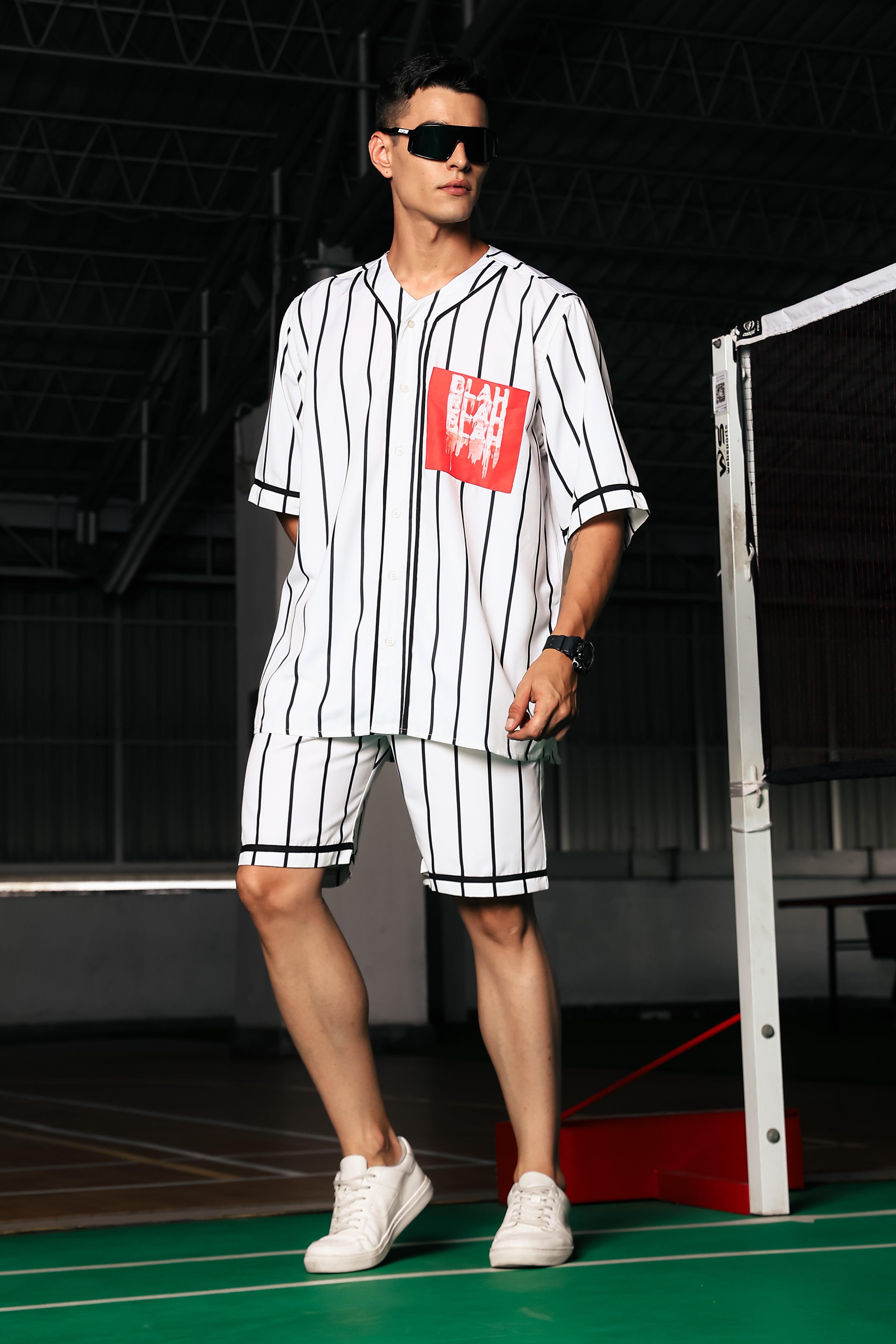 Black & White Stripe Printed Oversized Baseball Resort Shirt & Shorts Co-ord Set
