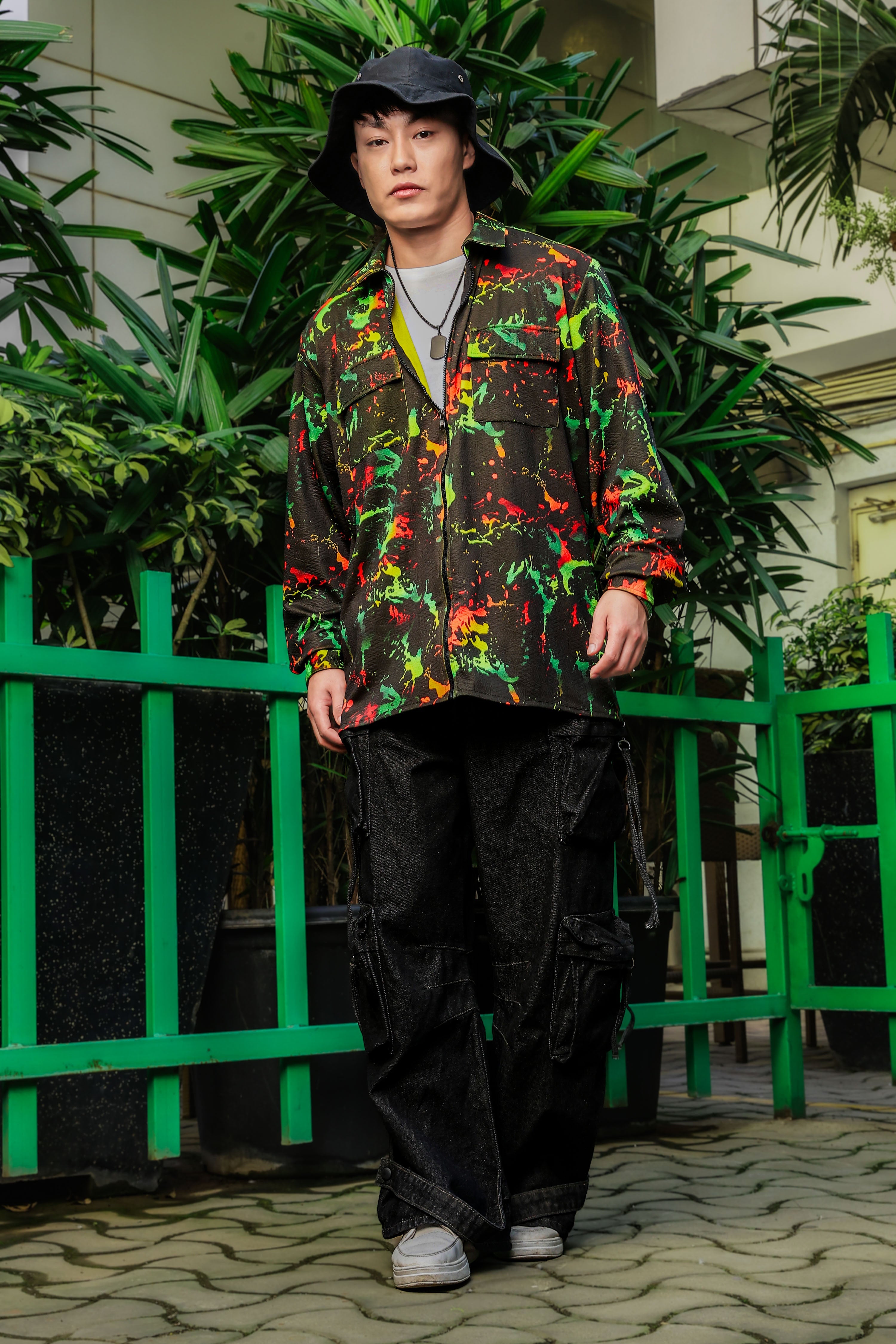 Black Abstract Printed Drop-Shoulder Relaxed Fit Shirt Zipper Shirt