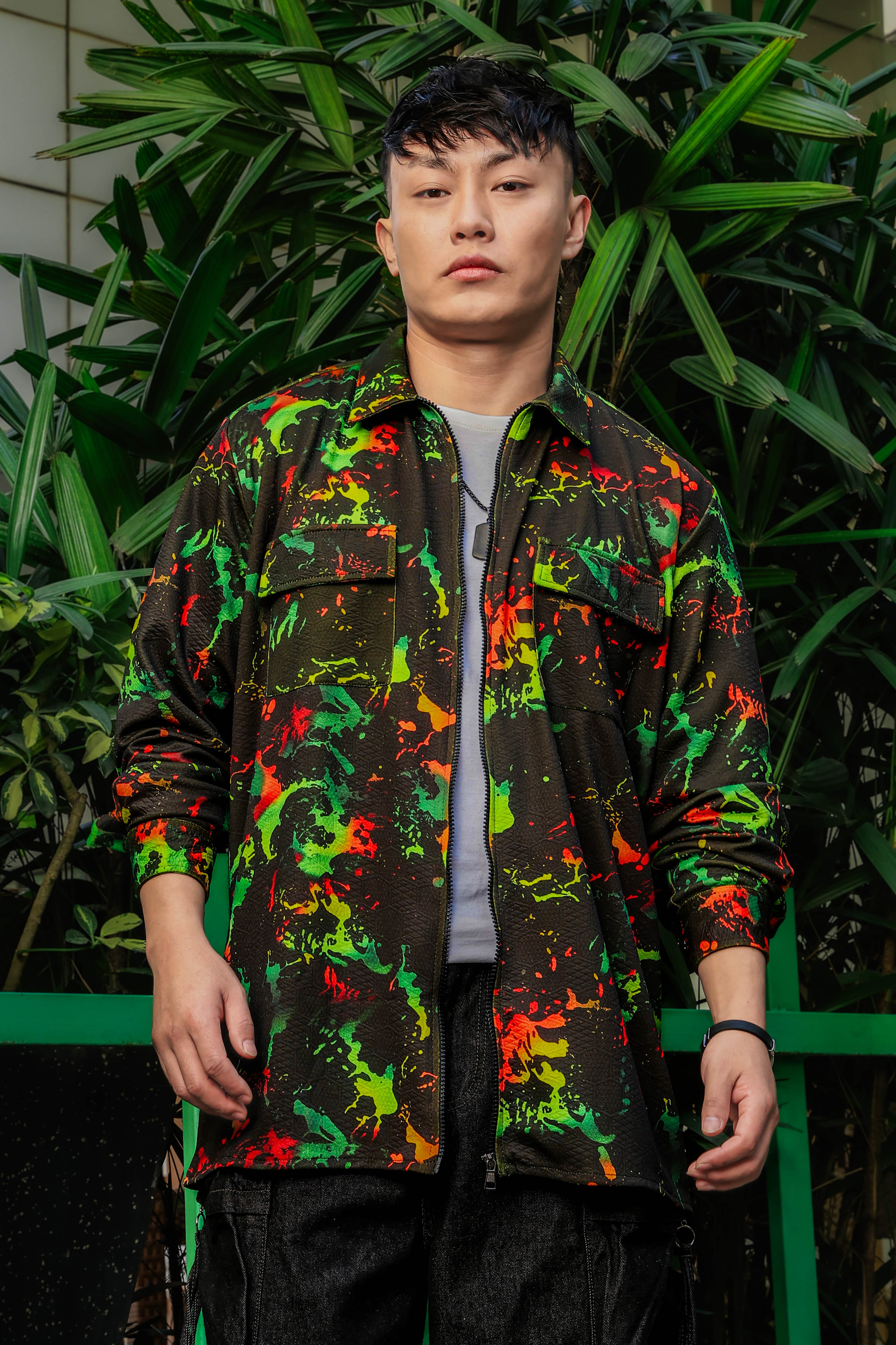 Black Abstract Printed Drop-Shoulder Relaxed Fit Shirt Zipper Shirt