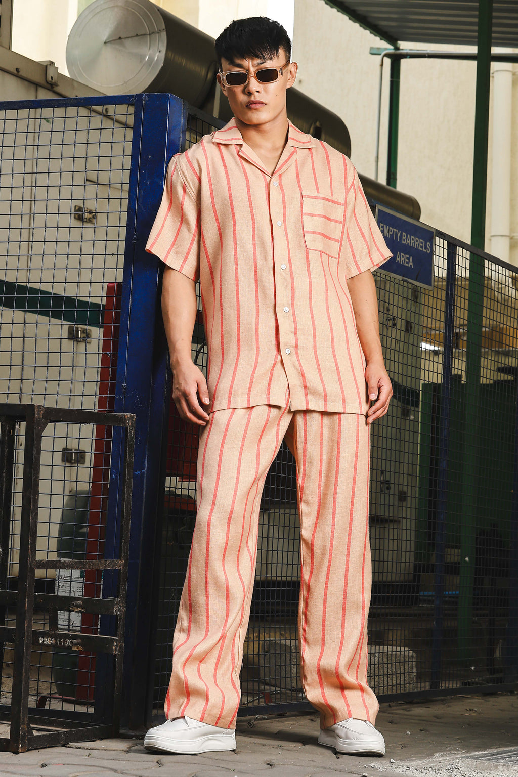 Beige & Orange Linen Blend Casual Relaxed Fit Short Sleeve Shirt & Gurkha Pants Co-Ord Set