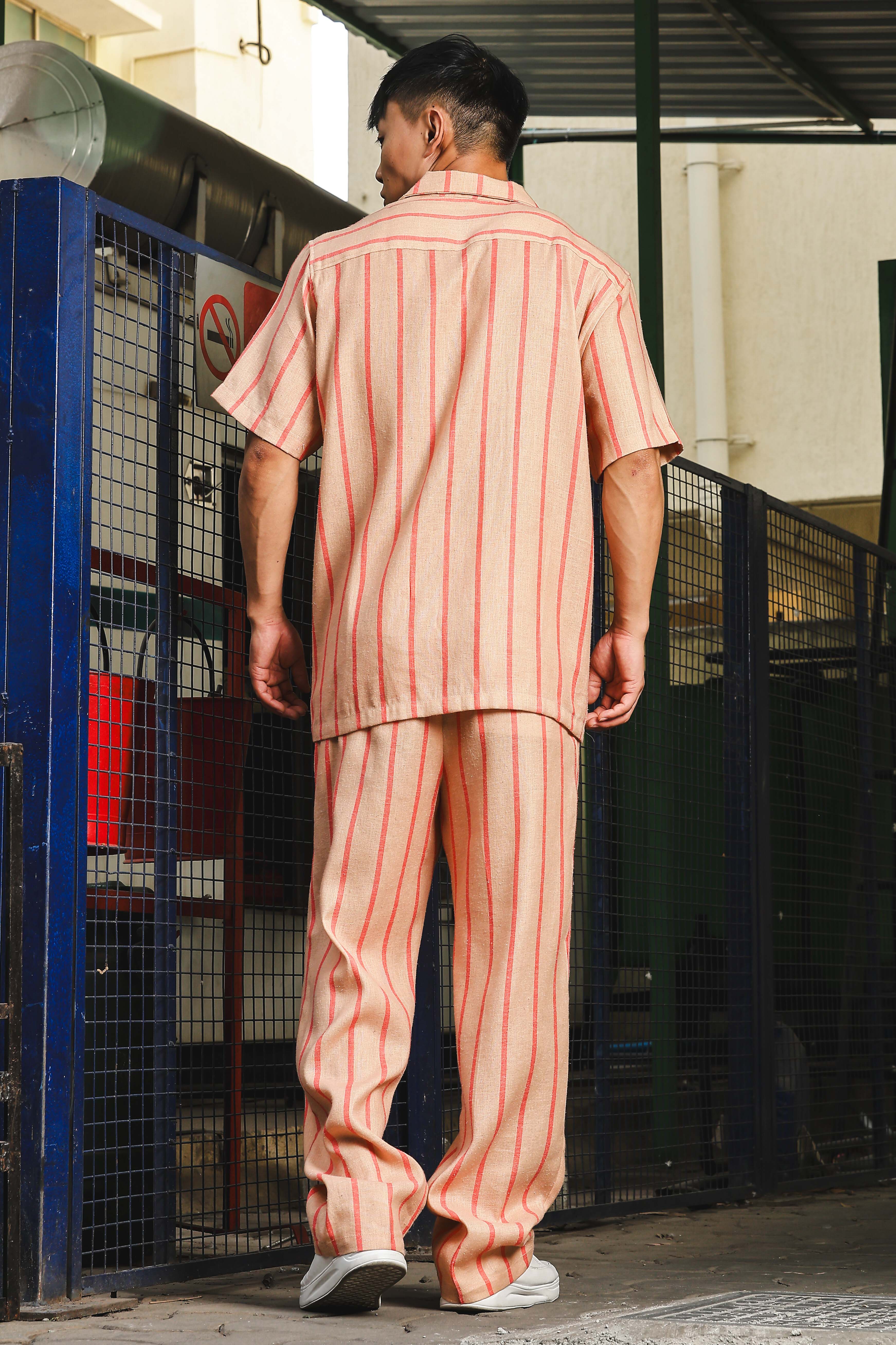 Beige & Orange Linen Blend Casual Relaxed Fit Short Sleeve Shirt & Gurkha Pants Co-Ord Set