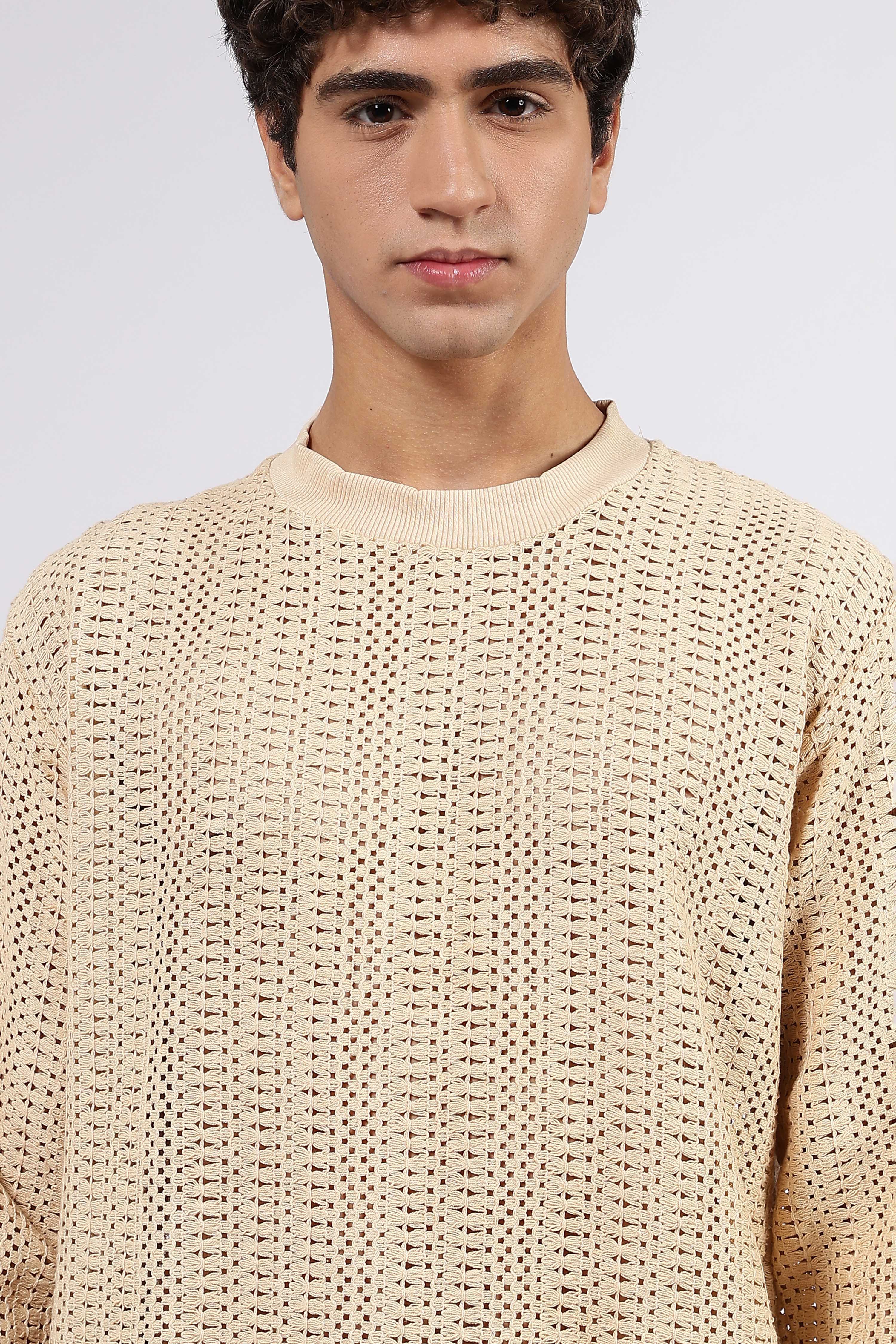Beige Oversized Fit Premium Pure Cotton Crochet T-Shirt